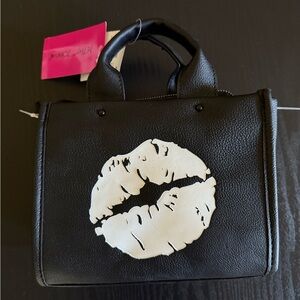 Betsey Johnson Black Mini Bag with White Lips NWT bow interior